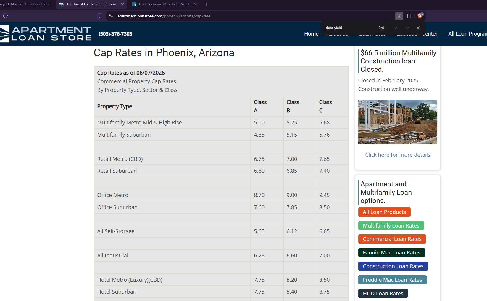 The Apartment Loan Store Phoenix cap rate page with a browser find bar showing zero matches for the phrase debt yield