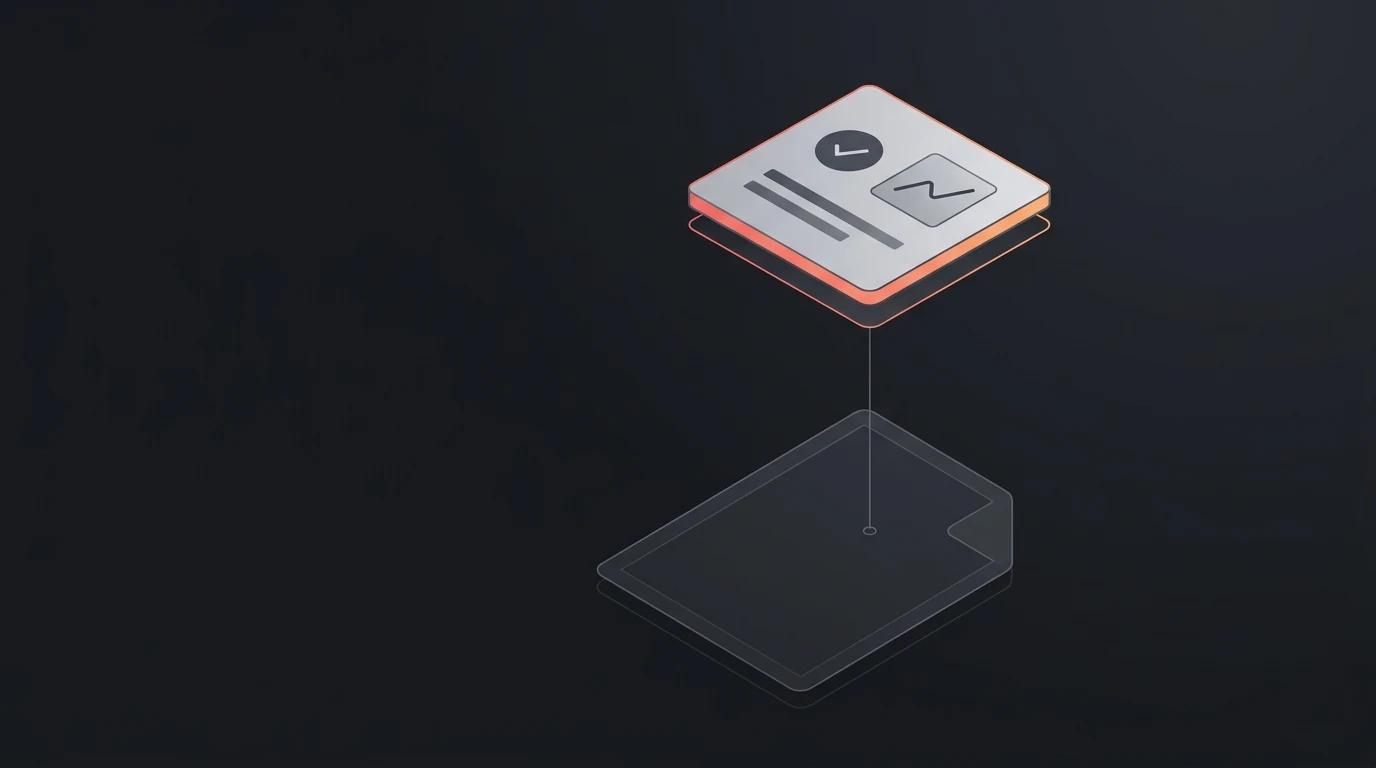 An abstract illustration of a glowing document card with a chart and a checkmark suspended above a dark tablet outline, connected by a single thread tracing down to a point on the screen, representing following an AI citation back to its source