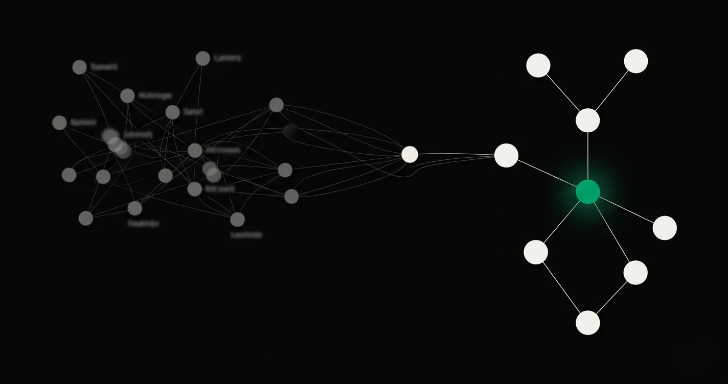 Entity resolution as a left-to-right pipeline: a scattered cluster of dim, duplicate, unresolved entities on the left resolving into a single bright canonical entity node on the right