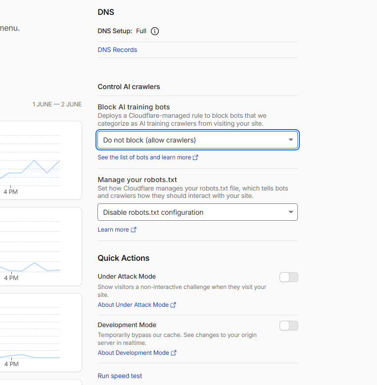 Cloudflare Control AI crawlers panel on the domain Overview page, with Block AI training bots set to Do not block allow crawlers and Manage your robots.txt set to Disable robots.txt configuration