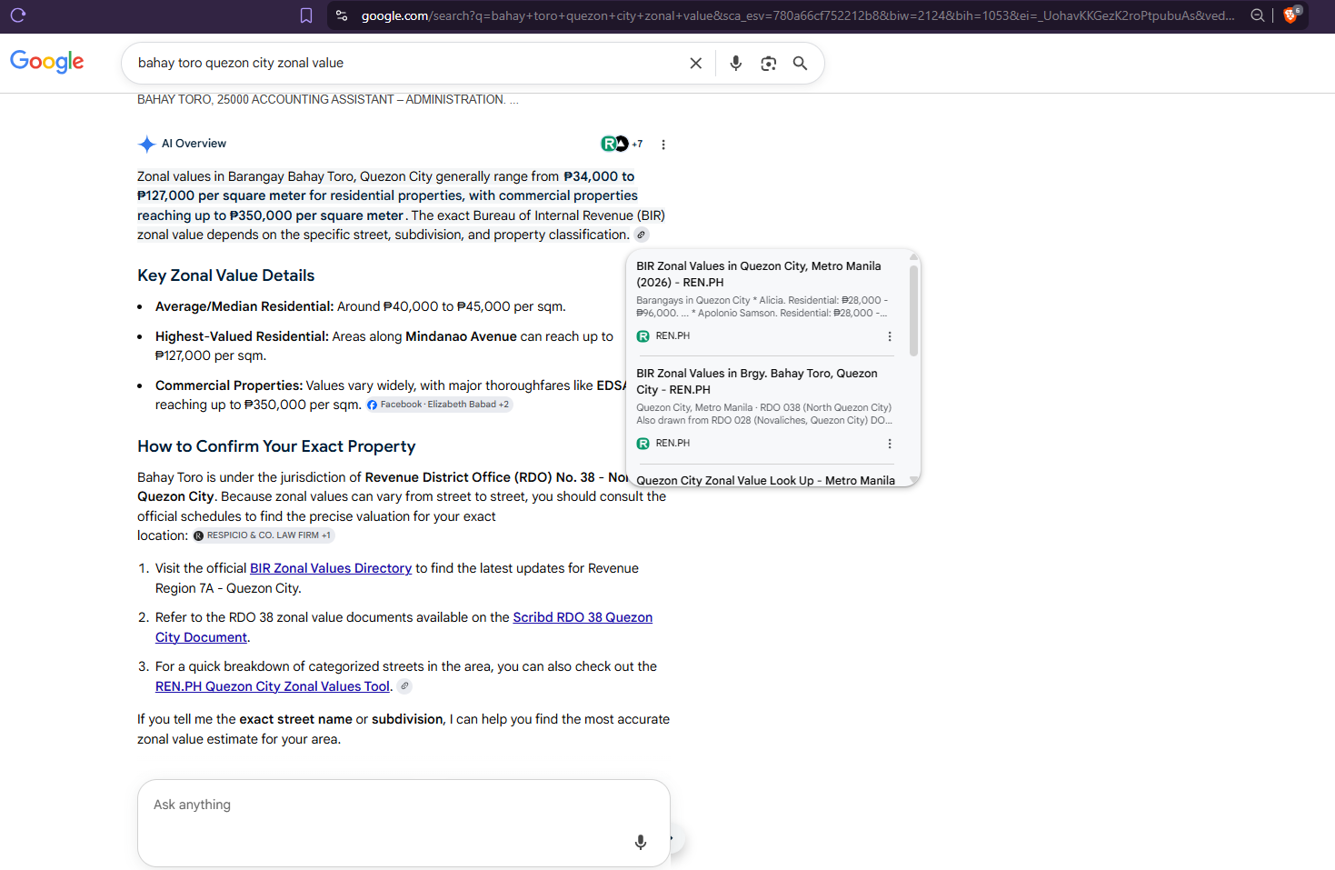 Google AI Overview for a Bahay Toro, Quezon City zonal value query, citing REN.PH twice in the source panel for the headline barangay range while other sources appear only for fragments.
